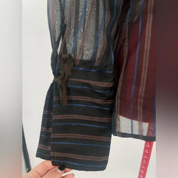Vintage A’nue Ligne Black & Brown Sheer Striped Blouse With Flared Cuffs - Picture 7 of 9